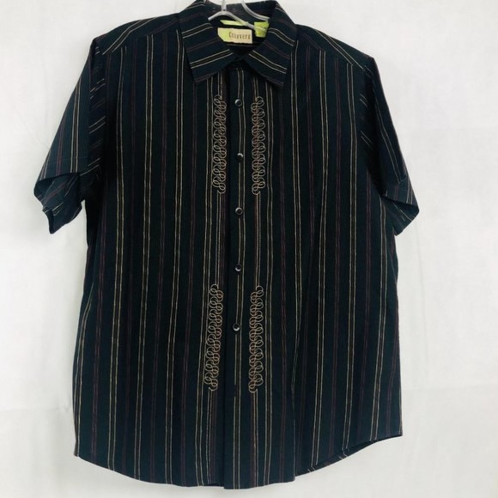 Cubavera Short Sleeve Striped Elegant Shirt Size L